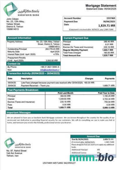 Iran Bank Karafarin wyciąg z kredytu hipotecznego szablon Word i PDF